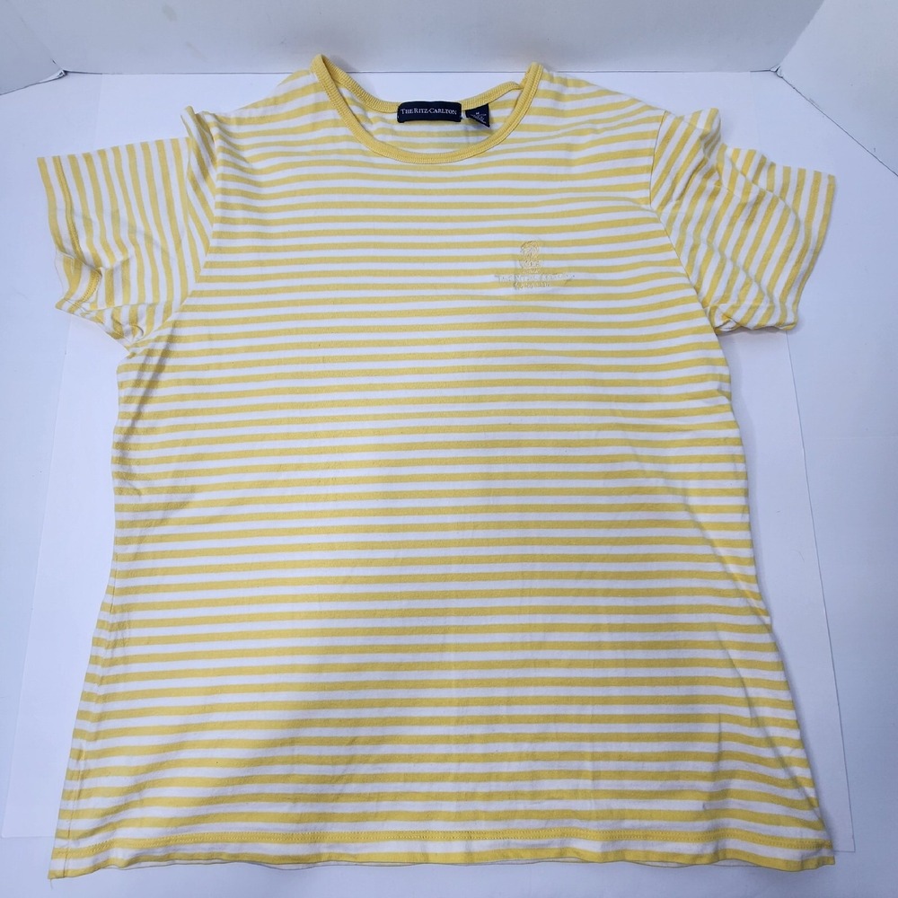 Ritz Carlton Round Neck Kapalua Yellow Stripped Embroidered T-shirt Size Medium